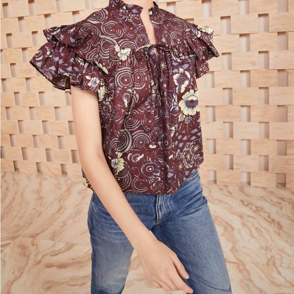 Ulla Johnson Letty Floral Ruffle-Yoke Short Sleeve Top size 0